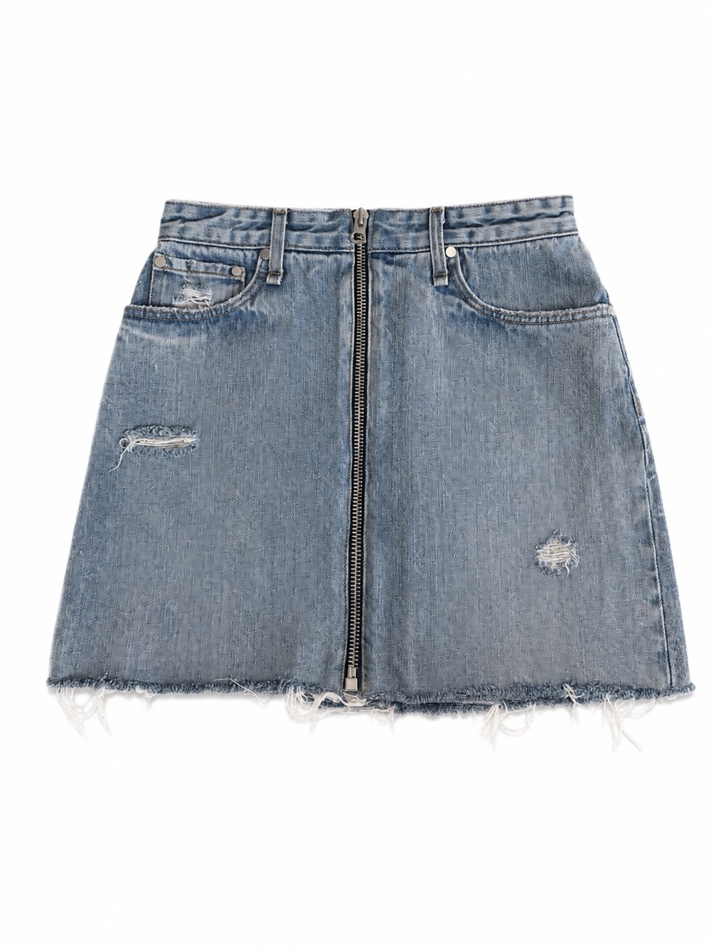 rag & bone Distressed Zip-Front Denim Mini Skirt - Blue